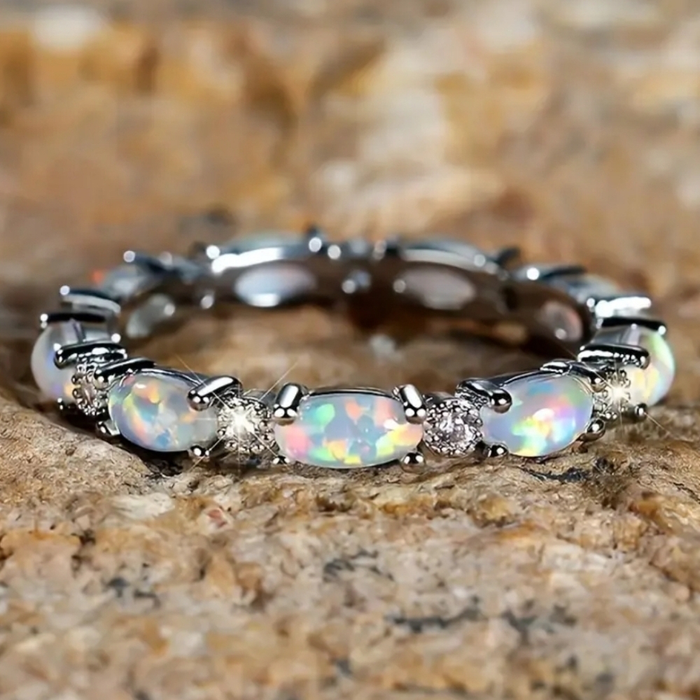 Elegant Opal and Silvery Women's Ring Sz 6